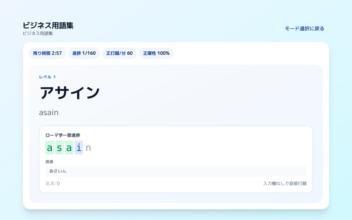 ローマ字タイピング（ビジネス用語集）の画面