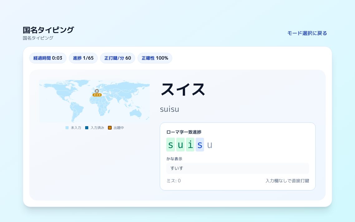 国名タイピングの画面