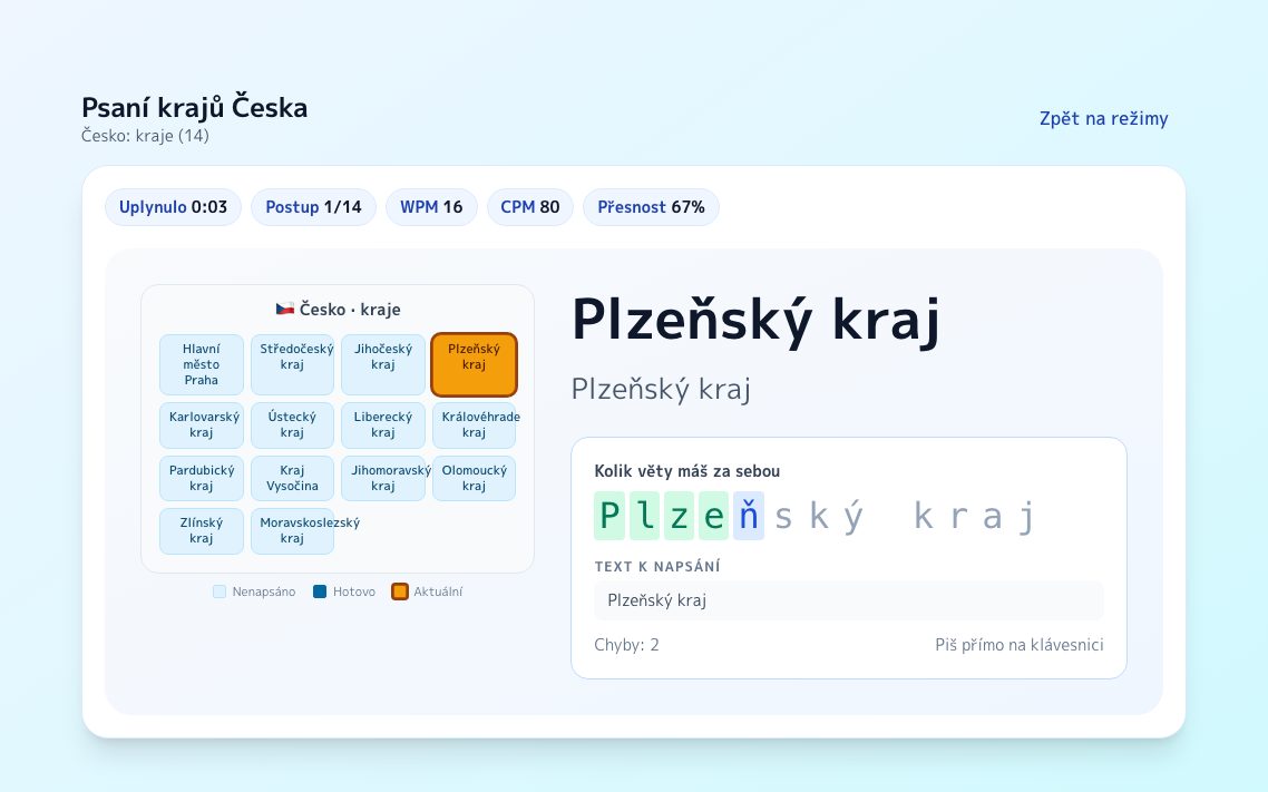 Snímek obrazovky: Psaní krajů Česka