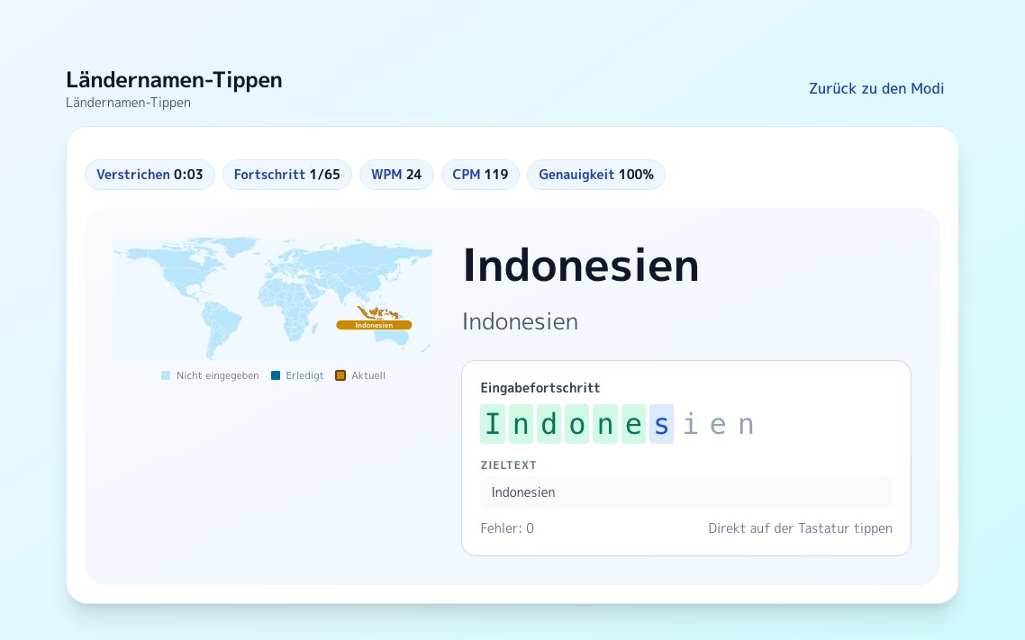 Screenshot von Ländernamen-Tippen