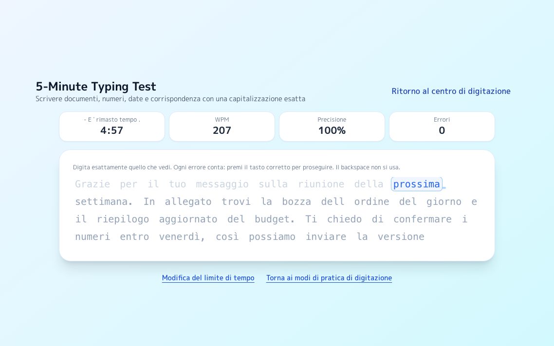 Schermata di Test di dattilografia da 5 minuti