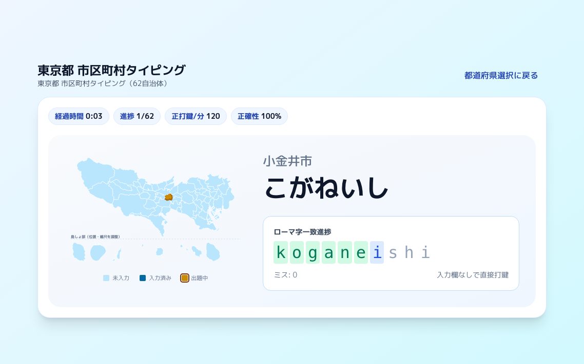 市区町村タイピングの画面