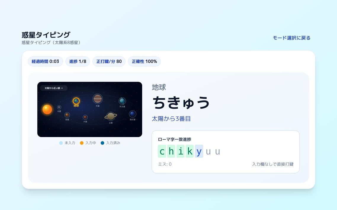 惑星タイピングの画面