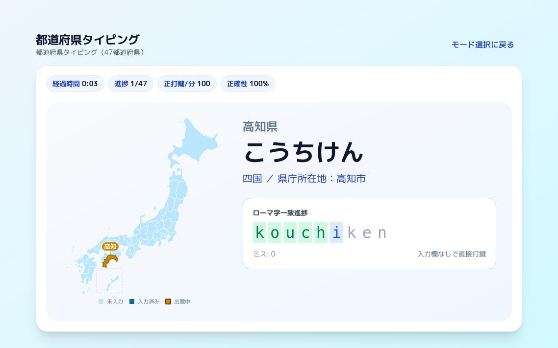 都道府県タイピングの画面