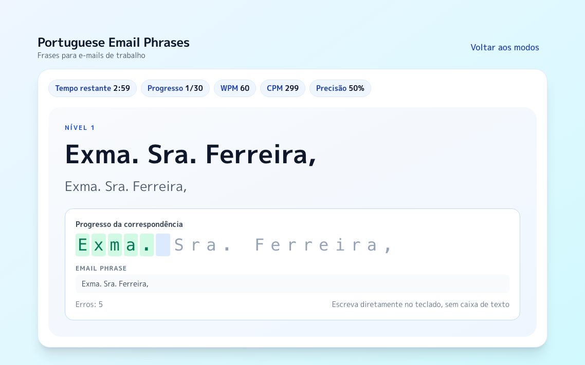 Captura de ecrã de Frases de e-mail em português