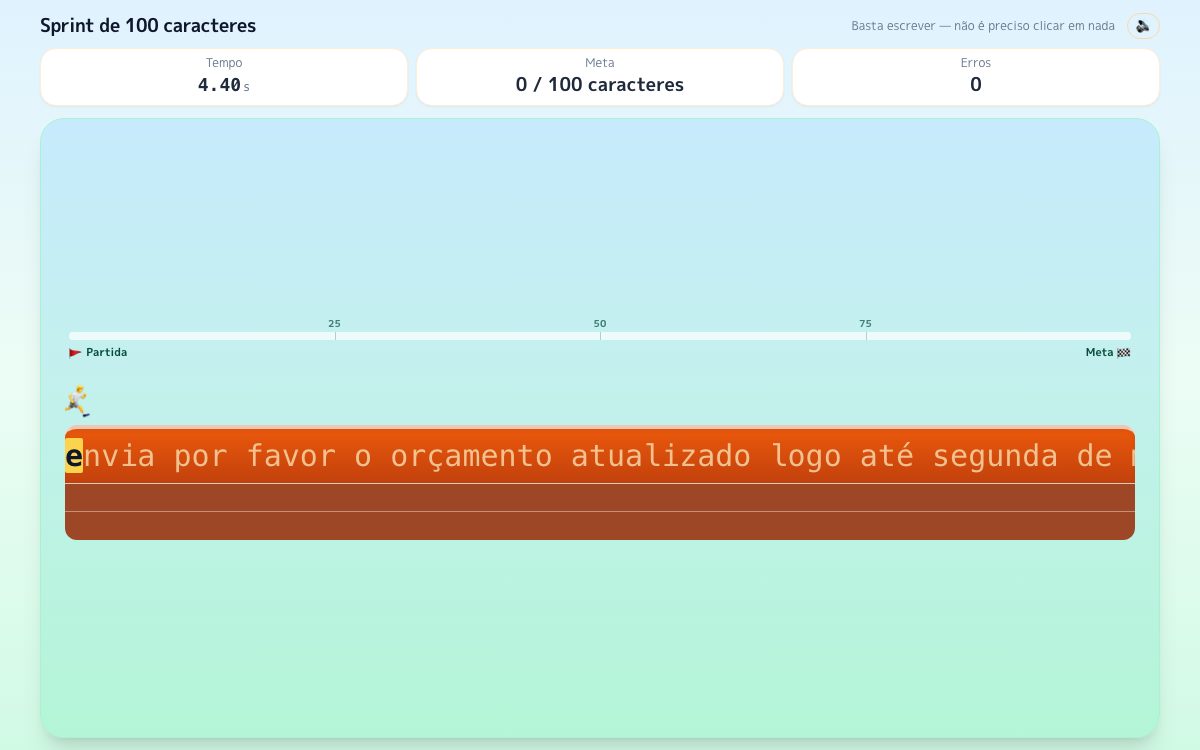 Captura de ecrã de Corrida ao teclado: sprint de 100 caracteres