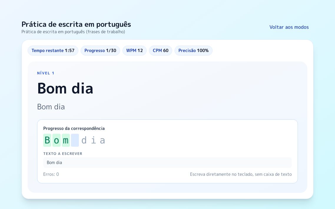 Captura de ecrã de Prática de escrita em português
