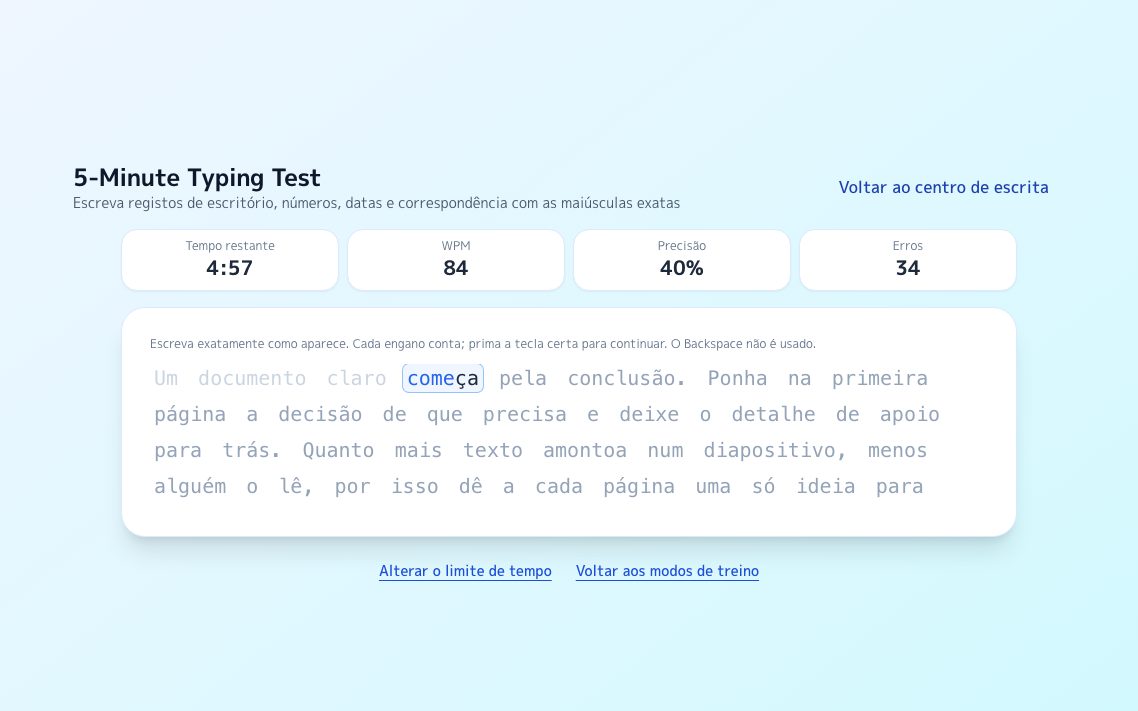 Captura de ecrã de Teste de escrita de 5 minutos