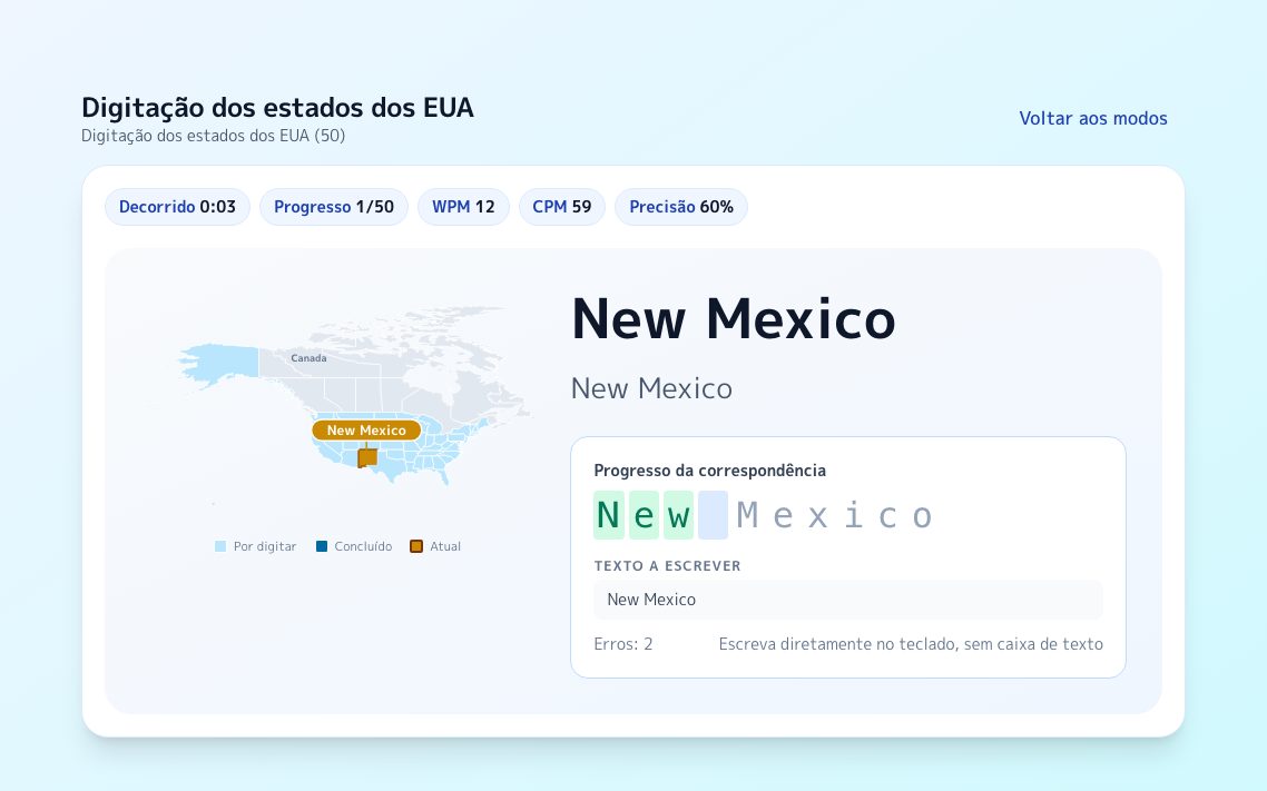 Captura de ecrã de Digitação dos estados dos EUA