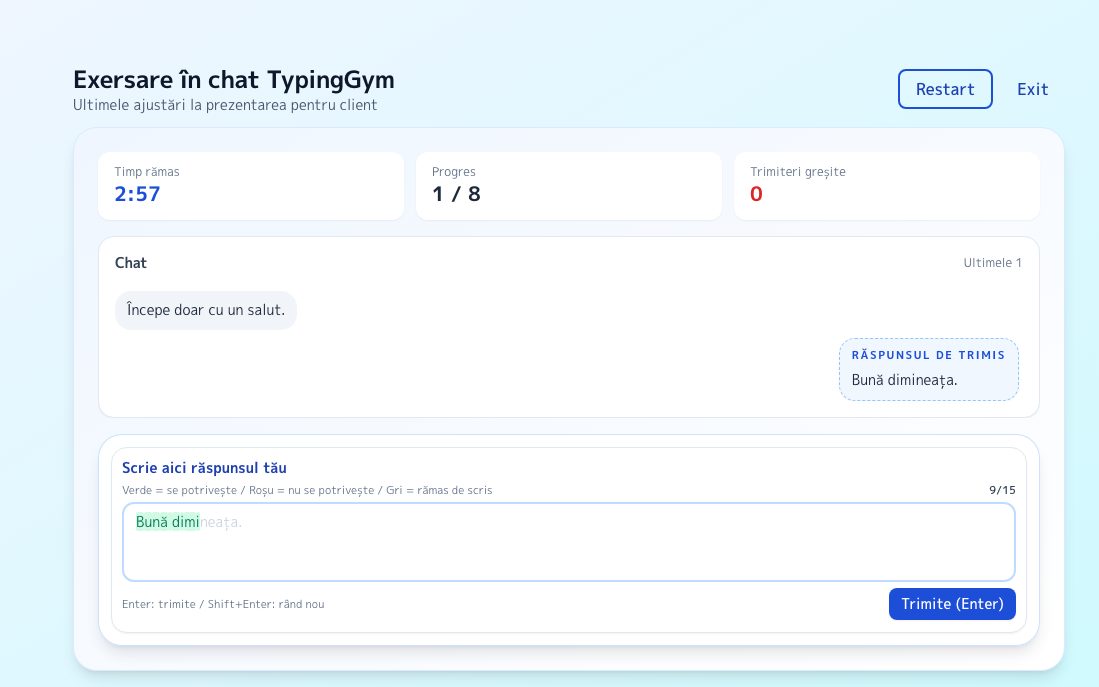 Captură de ecran: Exersarea chatului profesional