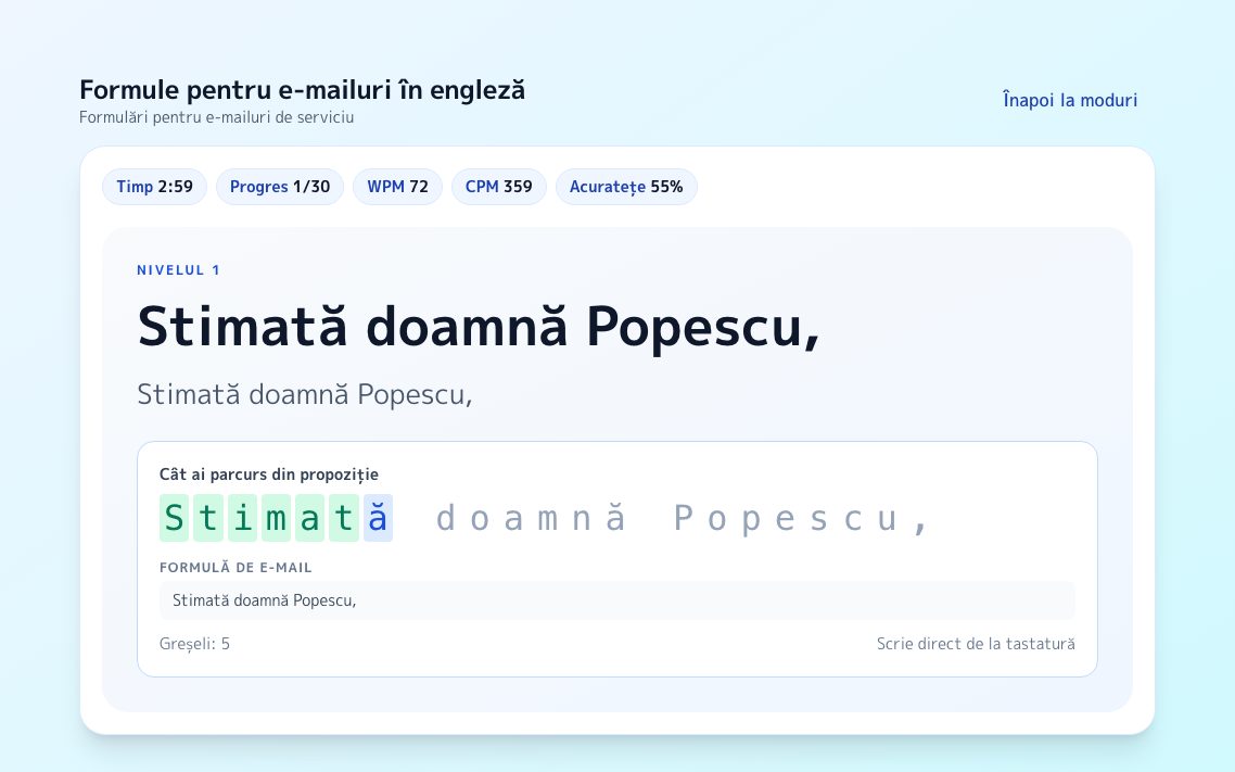 Captură de ecran: Formule pentru e-mailuri în engleză