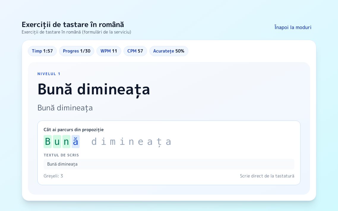 Captură de ecran: Exerciții de tastare în română