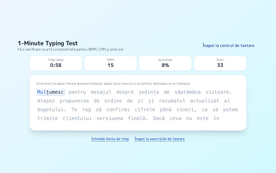 Captură de ecran: Test de tastare de 1 minut