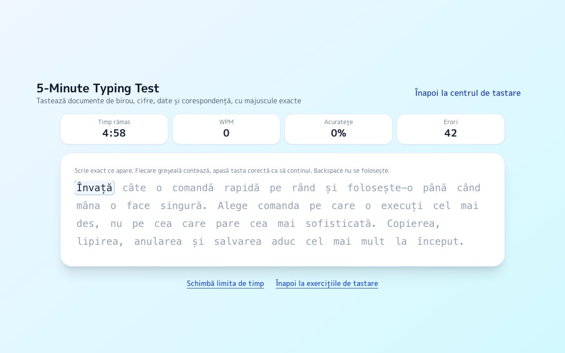 Captură de ecran: Test de tastare de 5 minute