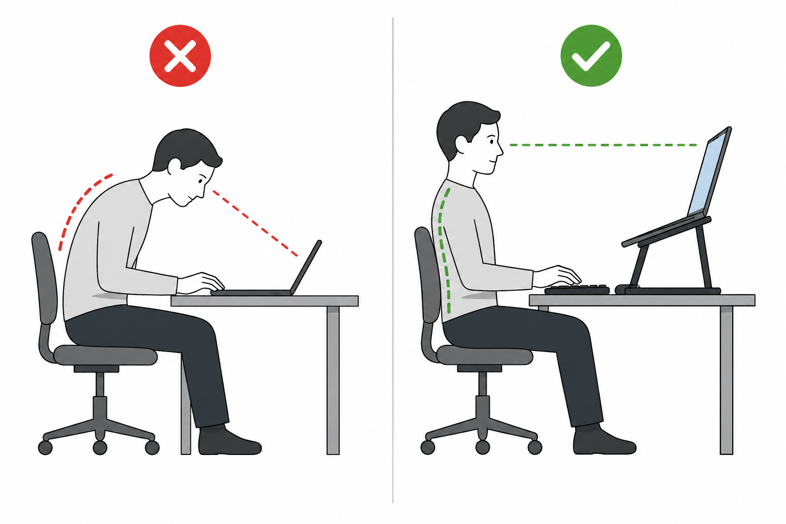 ノートPCを直接打つと首が下を向き猫背になるのに対し、PCスタンドで画面を上げて外付けキーボードを手前に置くと背筋が伸びて目線が水平になることを比較したイラスト